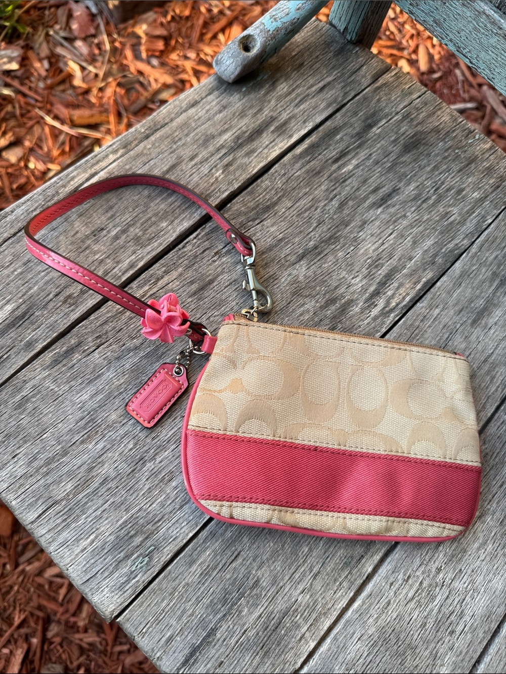 Coach Light Beige Signature C Stripe Wristlet with Pink Trim